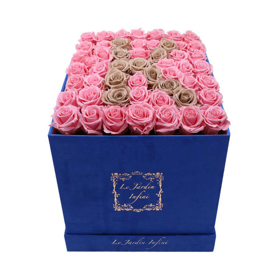 Letter K Pink & Khaki Preserved Roses - Luxury Large Square Blue Suede Box