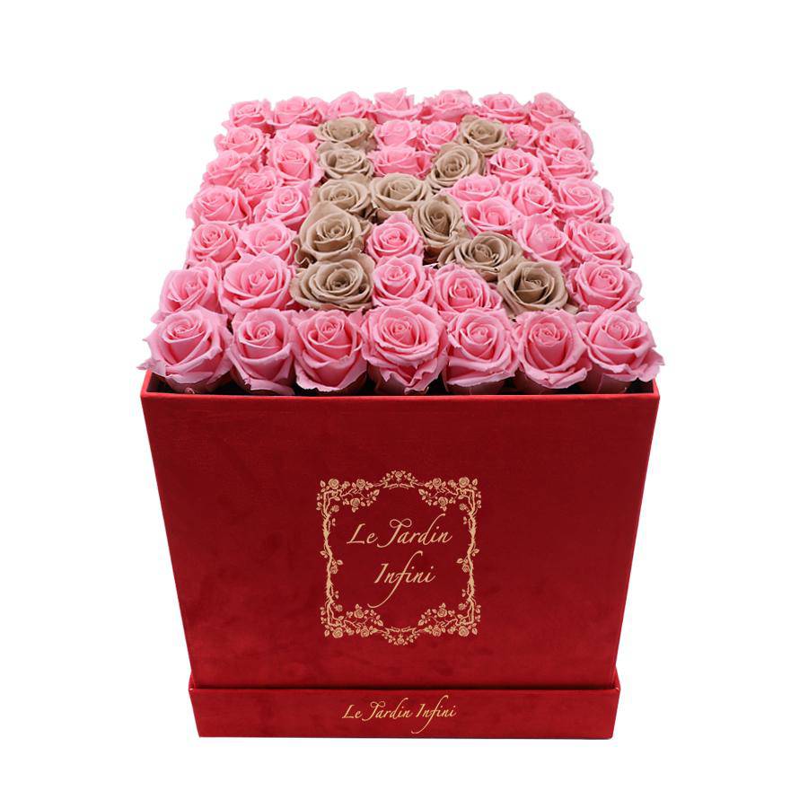 Letter K Pink & Khaki Preserved Roses - Luxury Large Square Red Suede Box - Le Jardin Infini Roses in a Box