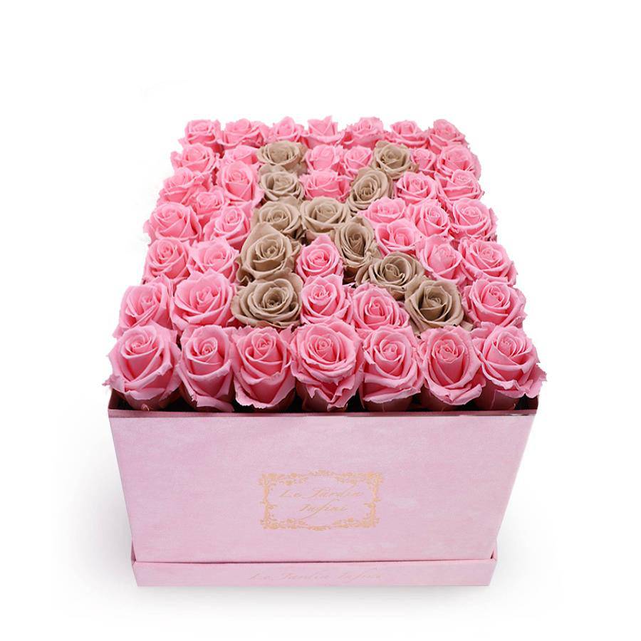 Letter K Pink & Khaki Preserved Roses -Luxury Large Square Suede Pink Box - Le Jardin Infini Roses in a Box
