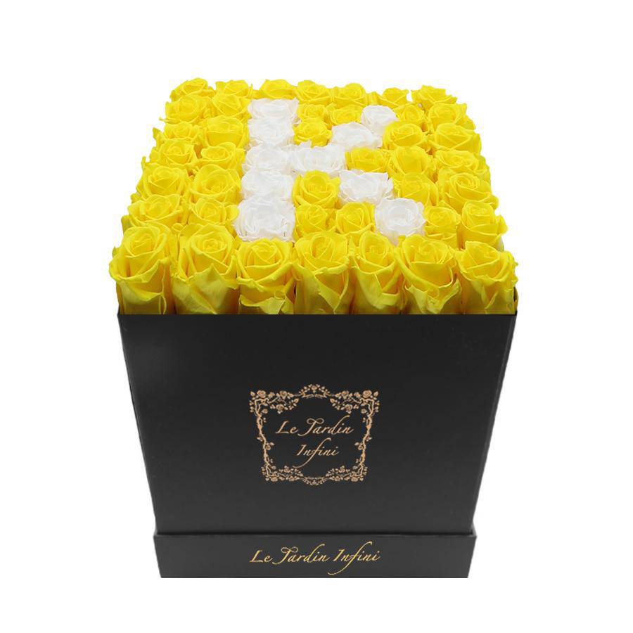 Letter K White & Yellow Preserved Roses - Large Square Luxury Black Box - Le Jardin Infini Roses in a Box