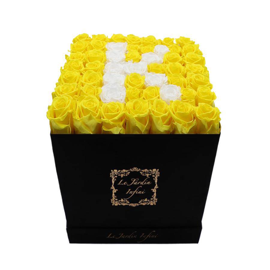 Letter K White & Yellow Preserved Roses - Large Square Luxury Black Suede Box - Le Jardin Infini Roses in a Box