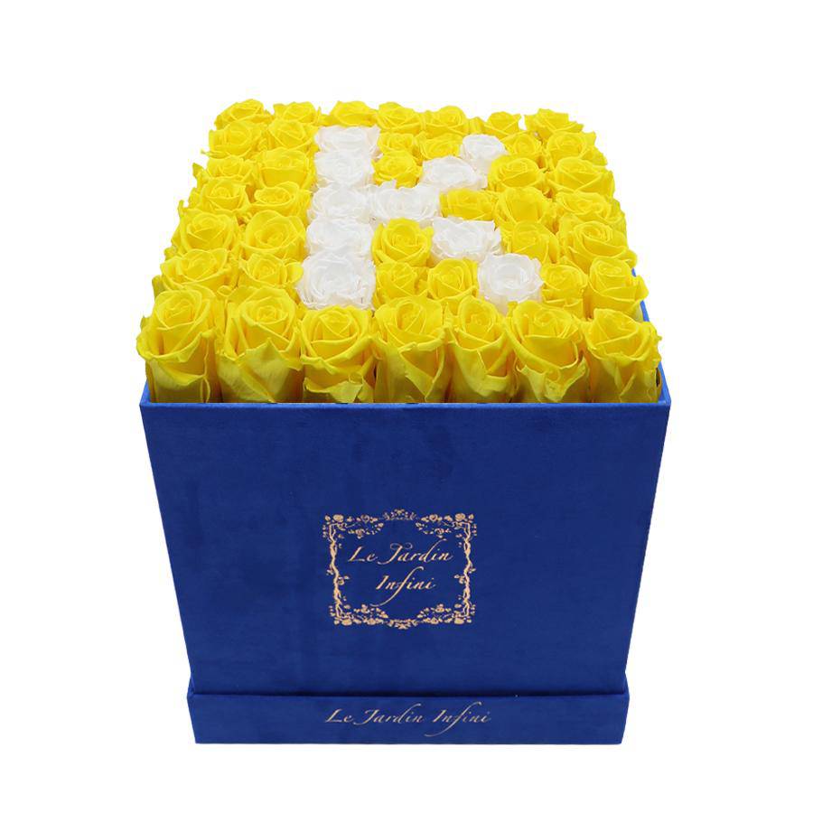 Letter K White & Yellow Preserved Roses - Large Square Luxury Blue Suede Box - Le Jardin Infini Roses in a Box