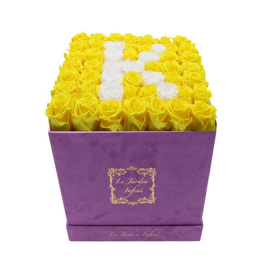 Letter K White & Yellow Preserved Roses - Large Square Luxury Purple Suede Box - Le Jardin Infini Roses in a Box