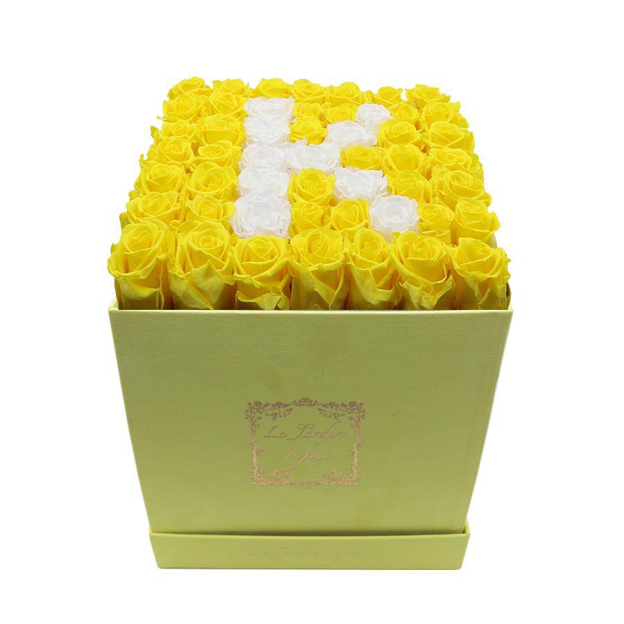 Letter K White & Yellow Preserved Roses - Large Square Luxury Yellow Suede Box