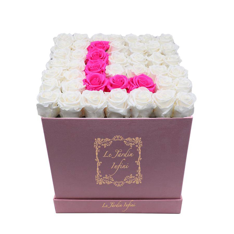 Letter L Hot Pink & White Preserved Roses - Luxury Large Square Pink Suede Box