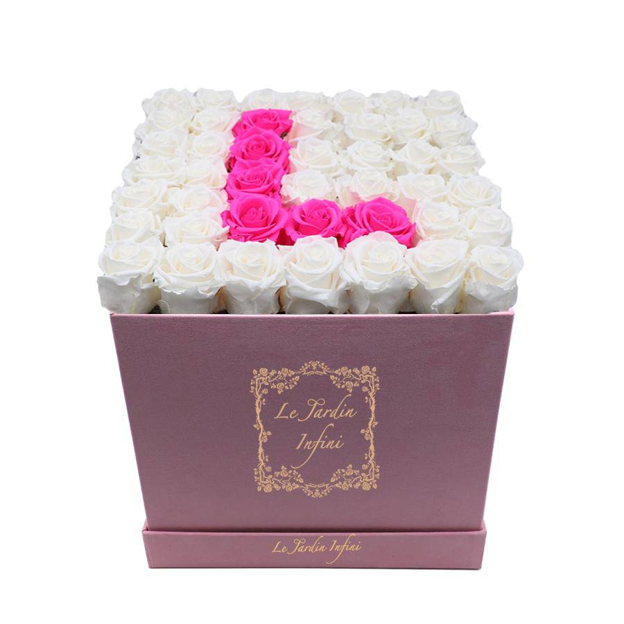 Letter L Hot Pink & White Preserved Roses - Luxury Large Square Pink Suede Box - Le Jardin Infini Roses in a Box