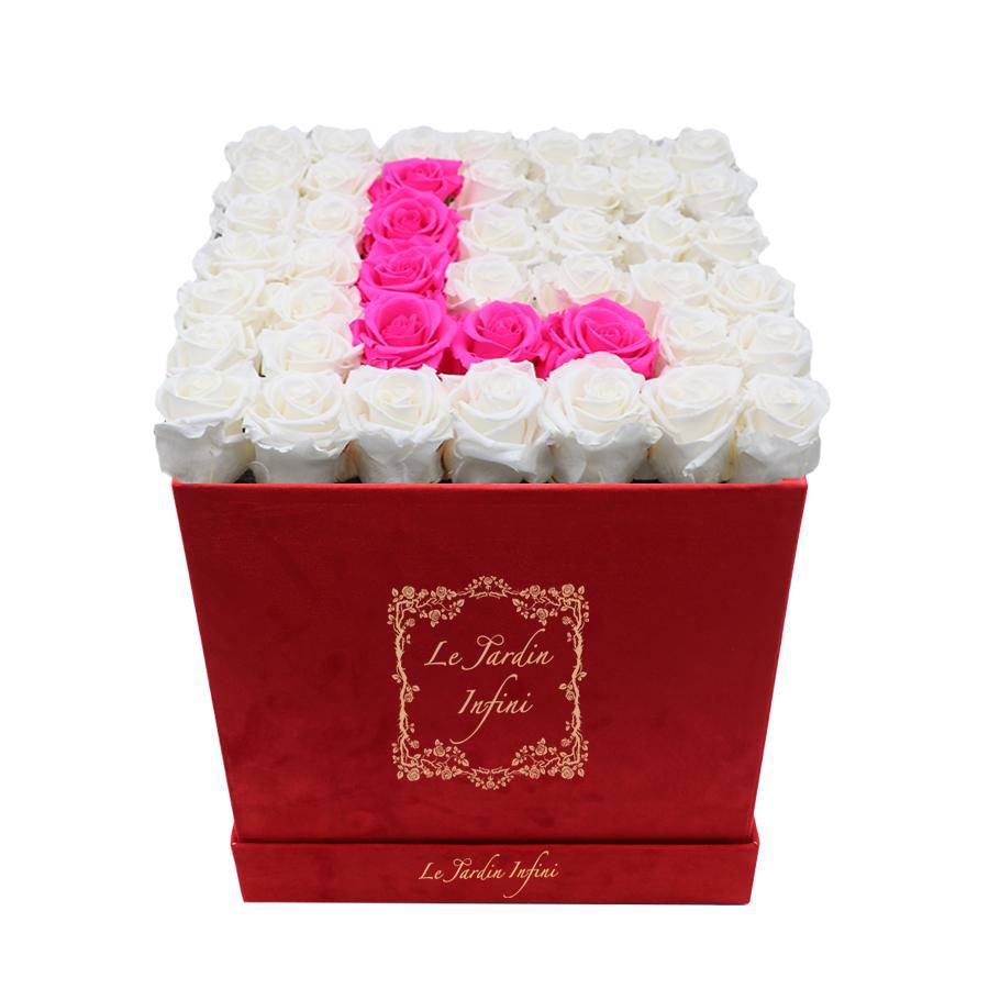 Letter L Hot Pink & White Preserved Roses - Luxury Large Square Red Suede Box - Le Jardin Infini Roses in a Box