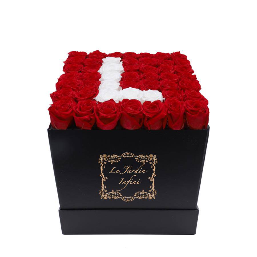 Letter L White & Red Preserved Roses - Large Square Luxury Black Box