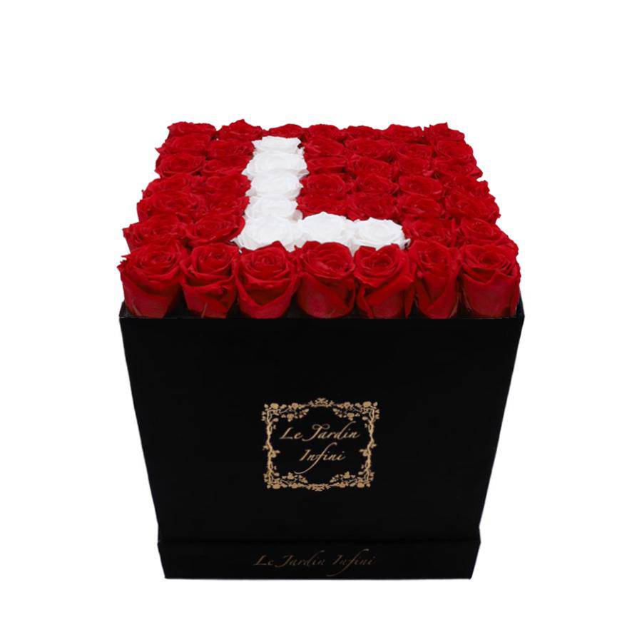 Letter L White & Red Preserved Roses - Large Square Luxury Black Suede Box - Le Jardin Infini Roses in a Box