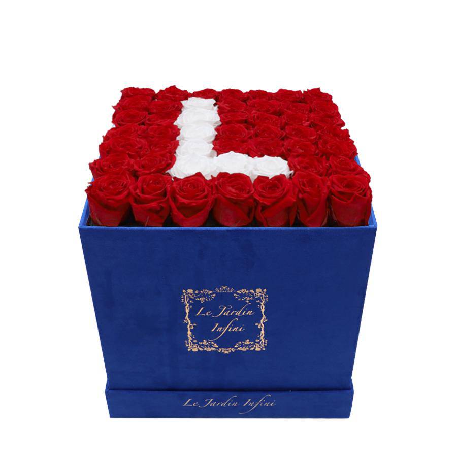 Letter L White & Red Preserved Roses - Large Square Luxury Blue Suede Box