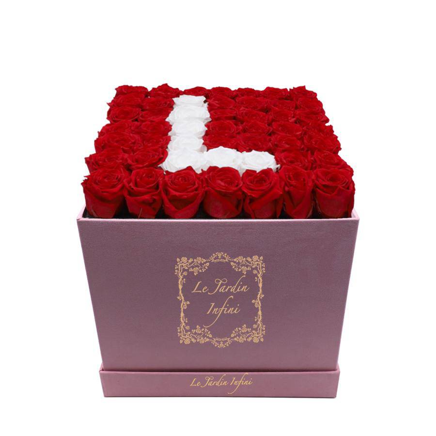 Letter L White & Red Preserved Roses - Large Square Luxury Pink Suede Box - Le Jardin Infini Roses in a Box