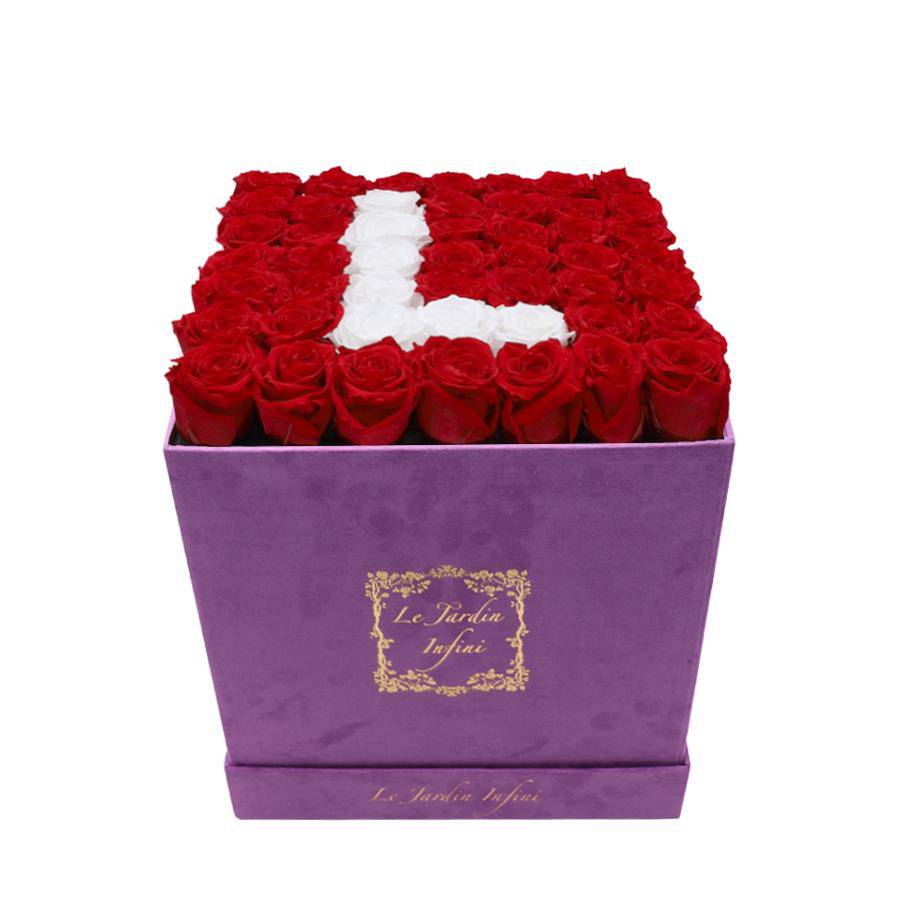Letter L White & Red Preserved Roses - Large Square Luxury Purple Suede Box