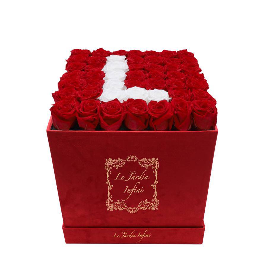 Letter L White & Red Preserved Roses - Large Square Luxury Red Suede Box - Le Jardin Infini Roses in a Box