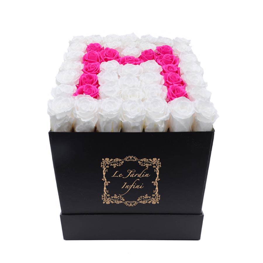 Letter M Hot Pink & White Preserved Roses - Large Square Luxury Black Box - Le Jardin Infini Roses in a Box