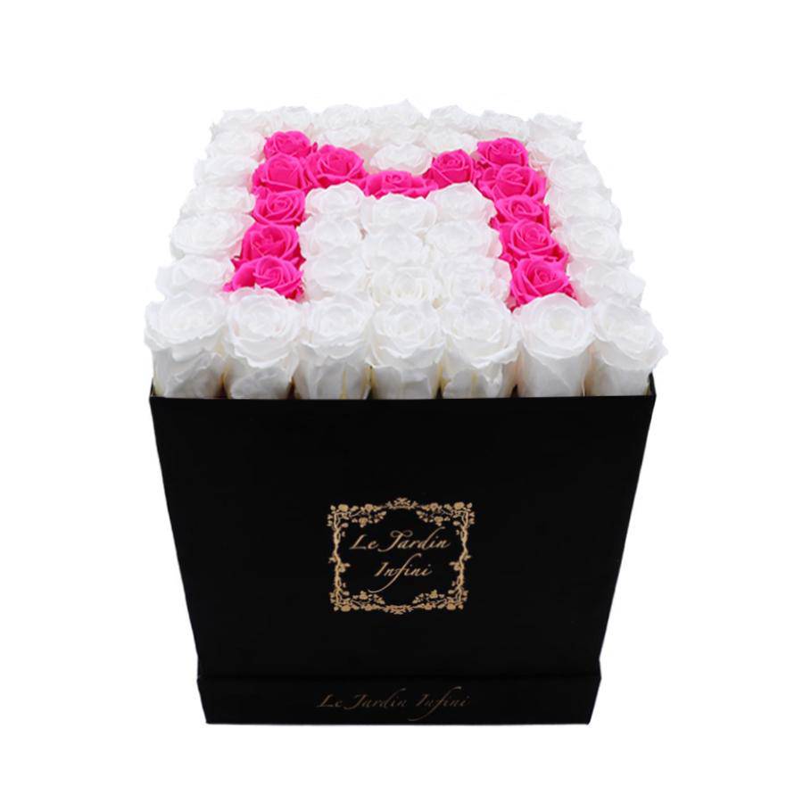 Letter M Hot Pink & White Preserved Roses - Large Square Luxury Black Suede Box - Le Jardin Infini Roses in a Box