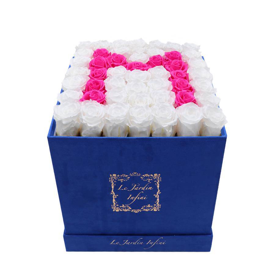 Letter M Hot Pink & White Preserved Roses - Large Square Luxury Blue Suede Box