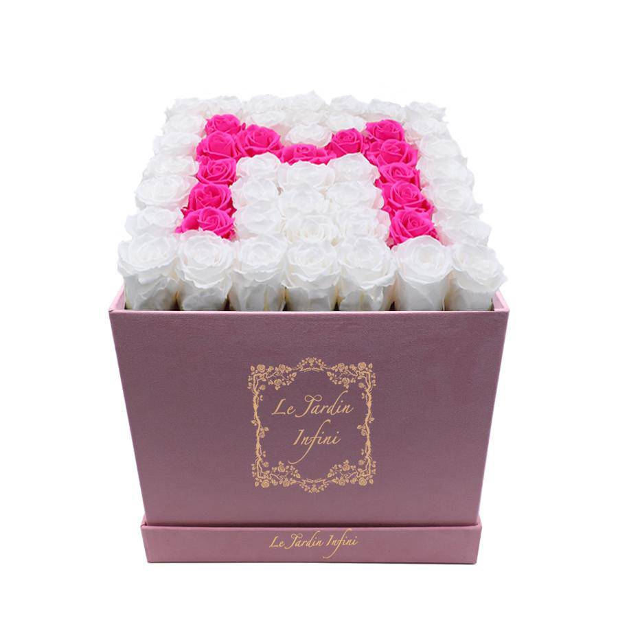 Letter M Hot Pink & White Preserved Roses - Large Square Luxury Pink Suede Box