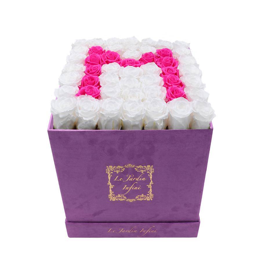 Letter M Hot Pink & White Preserved Roses - Large Square Luxury Purple Suede Box