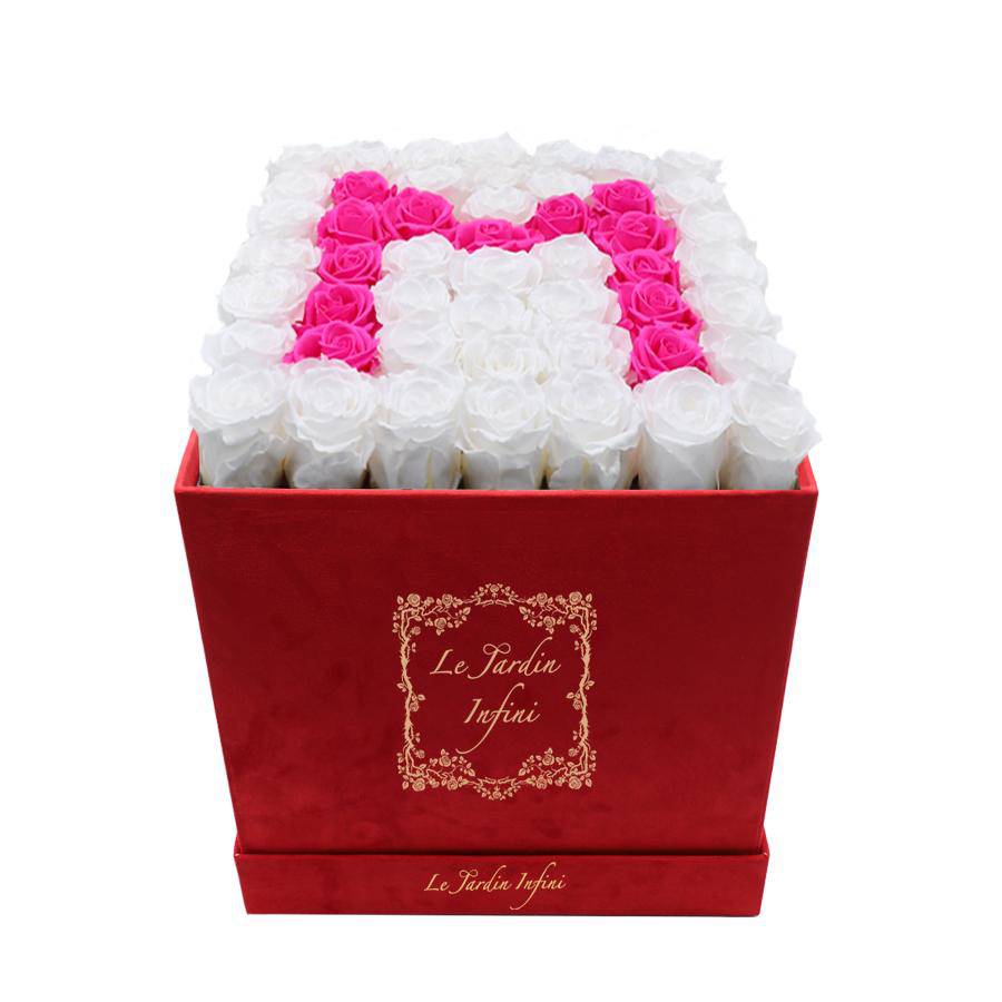 Letter M Hot Pink & White Preserved Roses - Large Square Luxury Red Suede Box