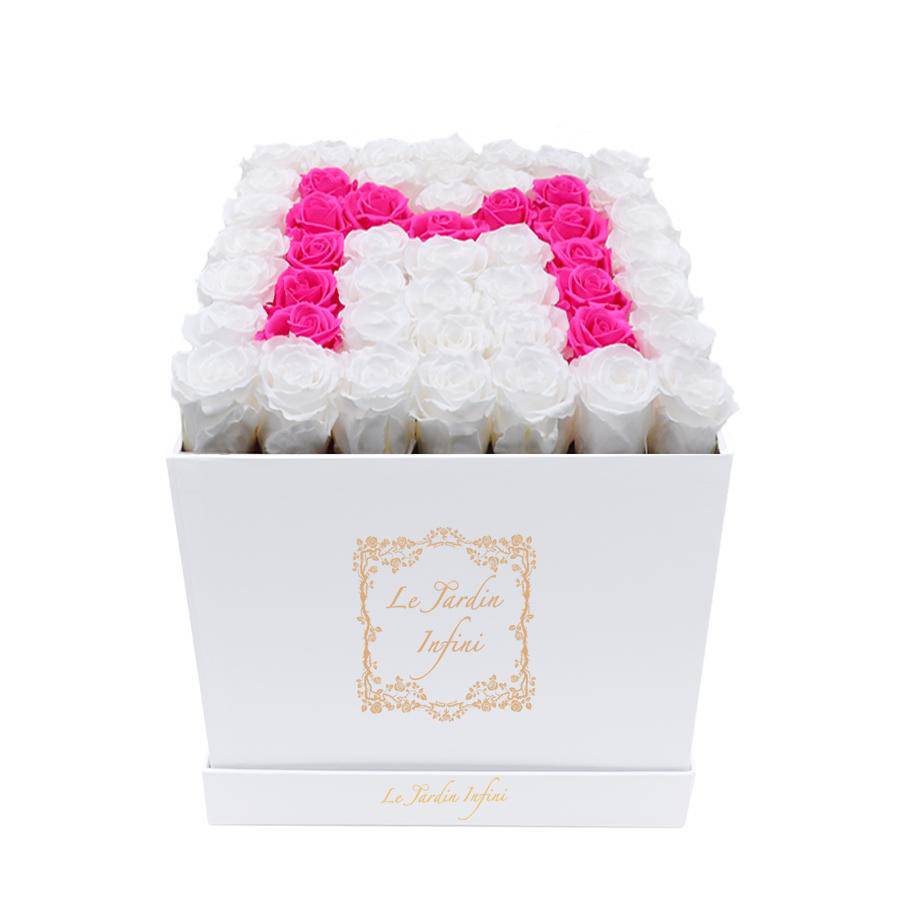 Letter M Hot Pink & White Preserved Roses - Large Square Luxury White Box