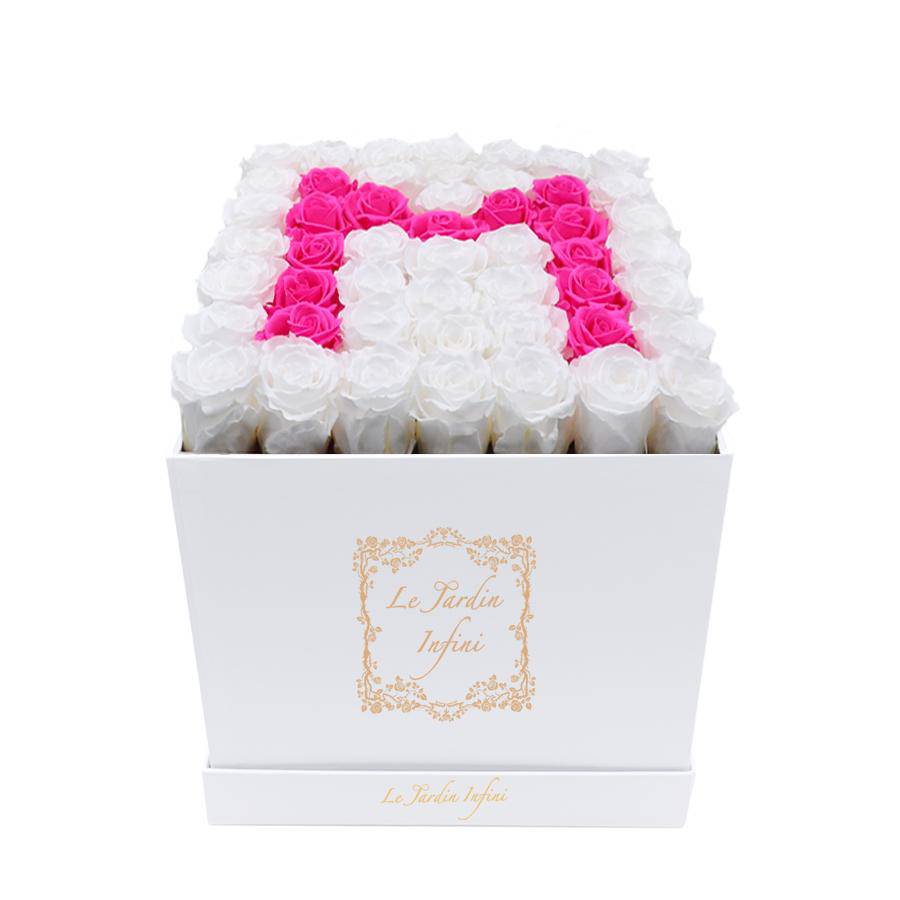 Letter M Hot Pink & White Preserved Roses - Large Square Luxury White Box