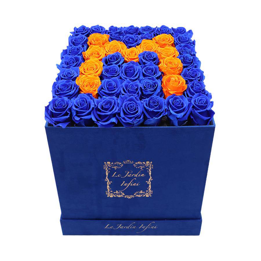 Letter M Royal Blue & Orange Preserved Roses - Large Square Luxury Blue Suede Box - Le Jardin Infini Roses in a Box