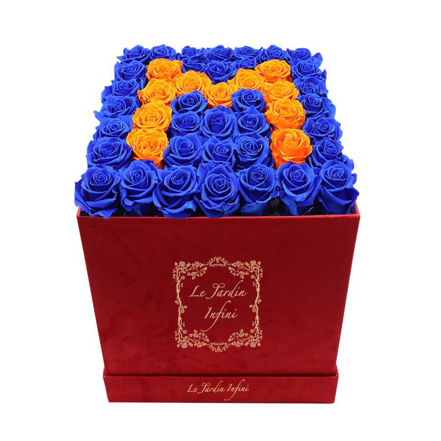 Letter M Royal Blue & Orange Preserved Roses - Large Square Luxury Red Suede Box - Le Jardin Infini Roses in a Box