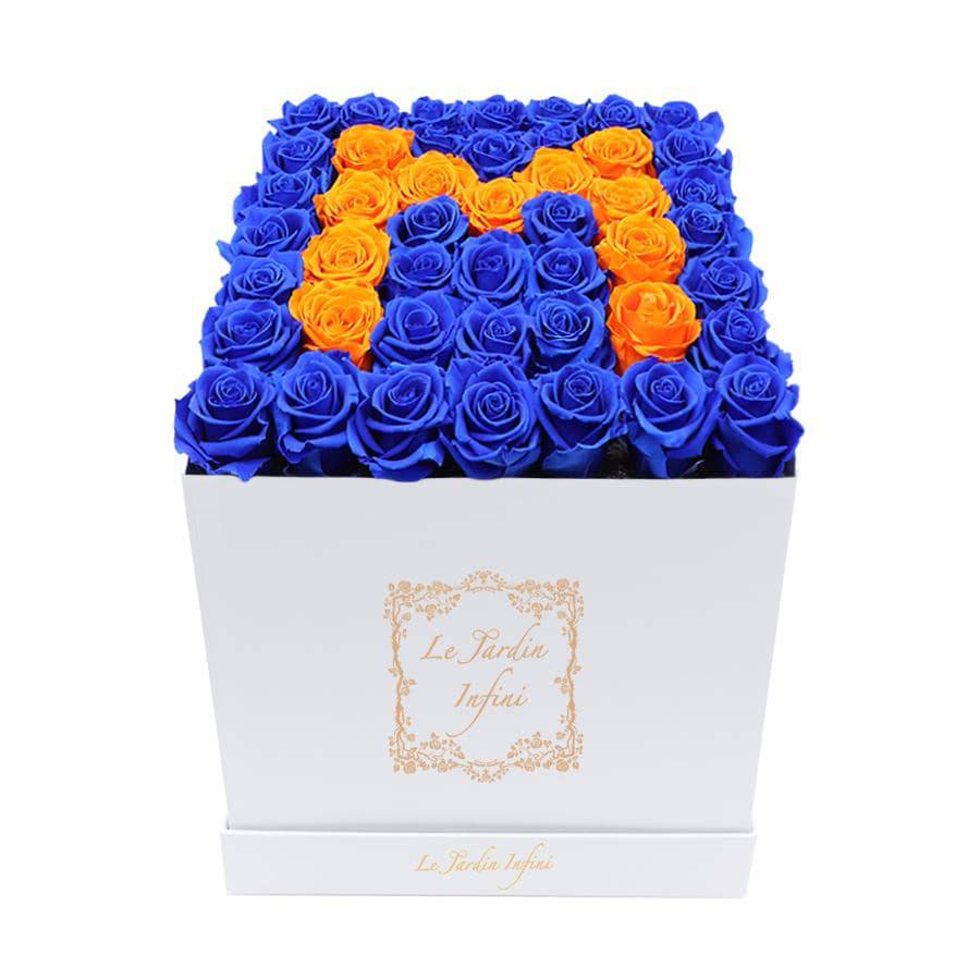 Letter M Royal Blue & Orange Preserved Roses - Large Square Luxury White Box