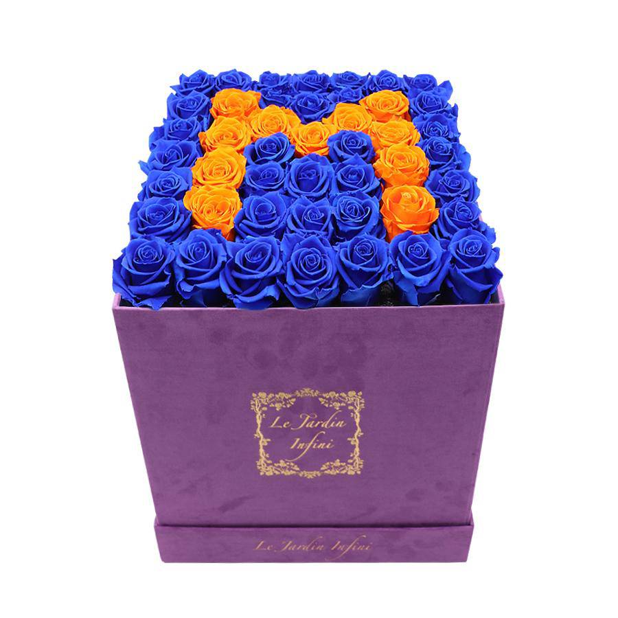 Letter M Royal Blue & Orange Preserved Roses - Luxury Large Square Purple Suede Box