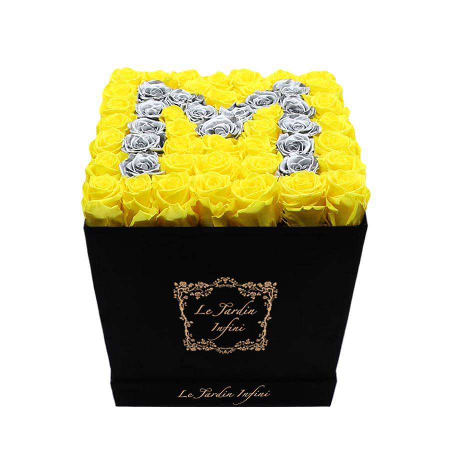 Letter M Silver & Yellow Preserved Roses - Large Square Luxury Black Suede Box