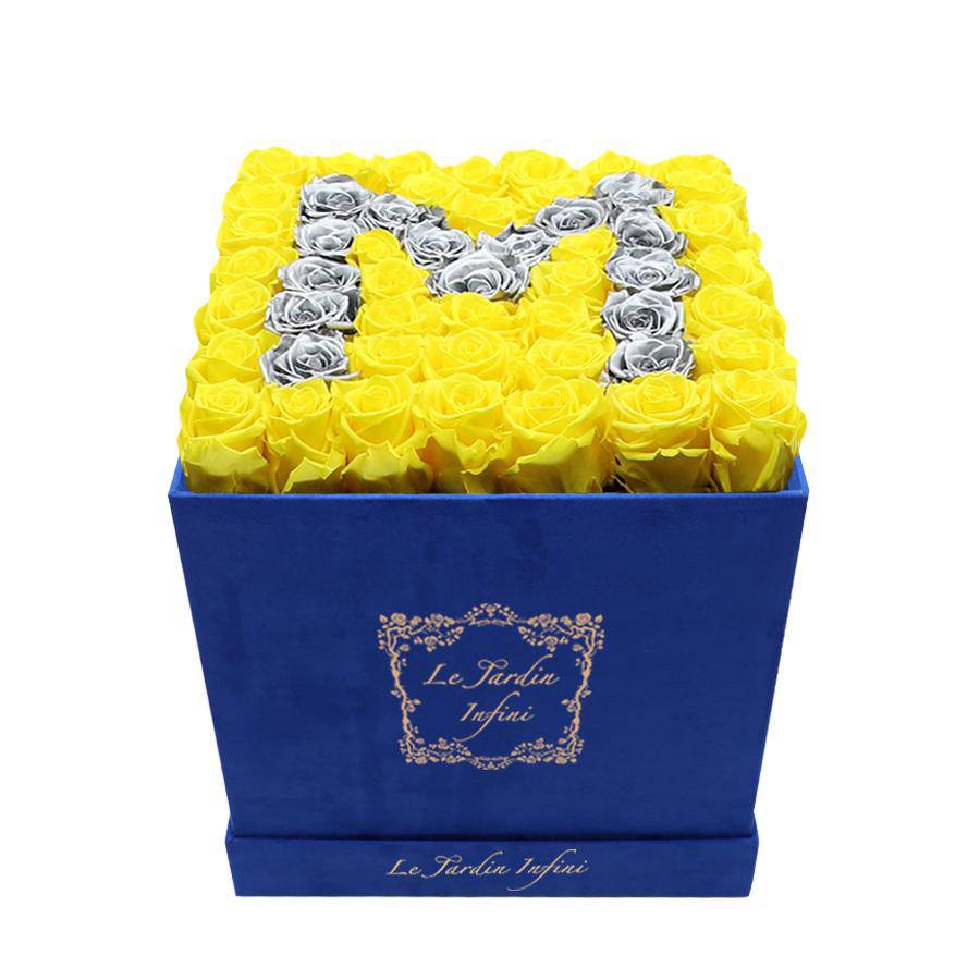 Letter M Silver & Yellow Preserved Roses - Large Square Luxury Blue Suede Box