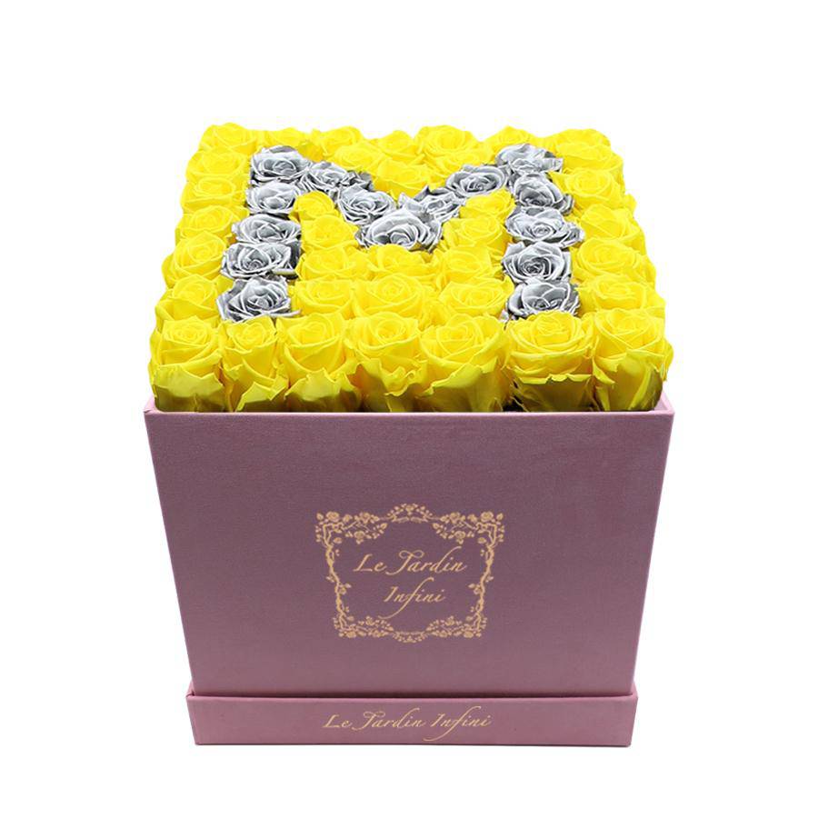 Letter M Silver & Yellow Preserved Roses - Large Square Luxury Pink Suede Box - Le Jardin Infini Roses in a Box