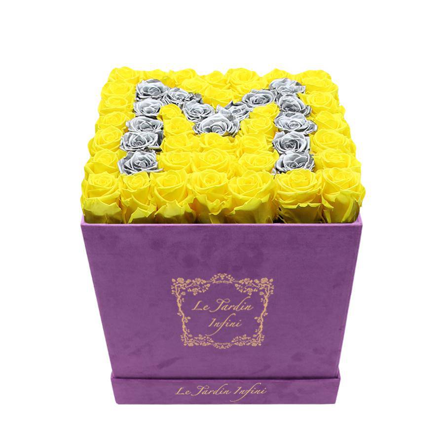 Letter M Silver & Yellow Preserved Roses - Large Square Luxury Purple Suede Box