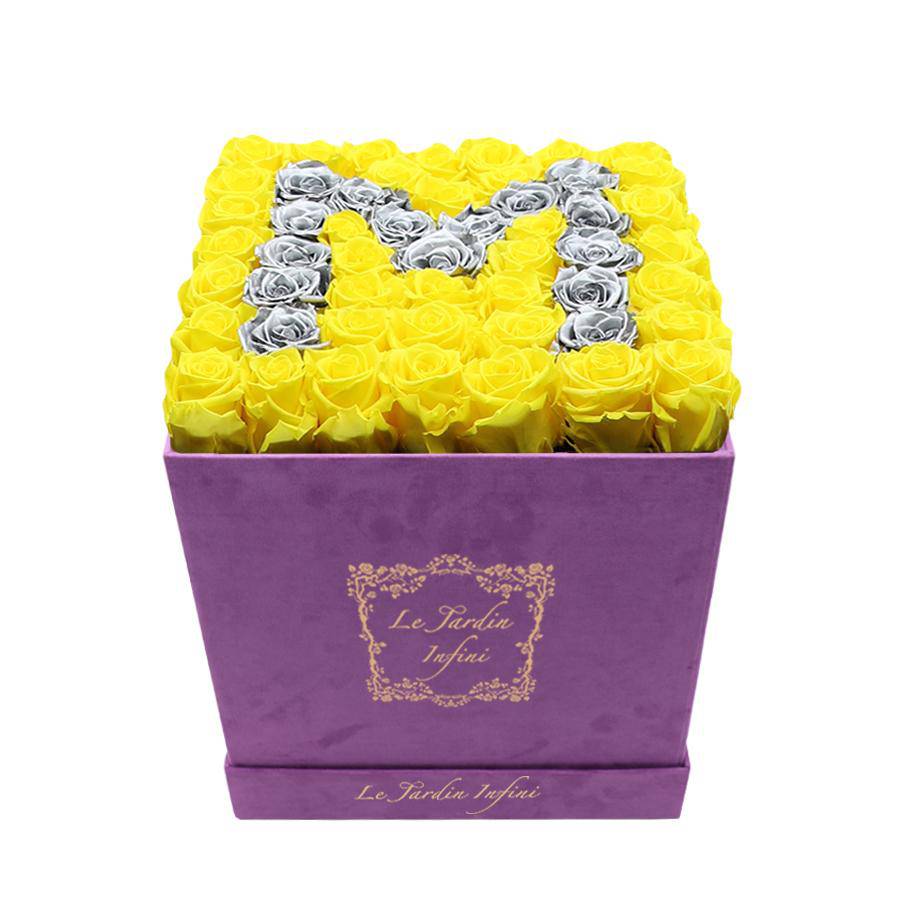Letter M Silver & Yellow Preserved Roses - Large Square Luxury Purple Suede Box - Le Jardin Infini Roses in a Box