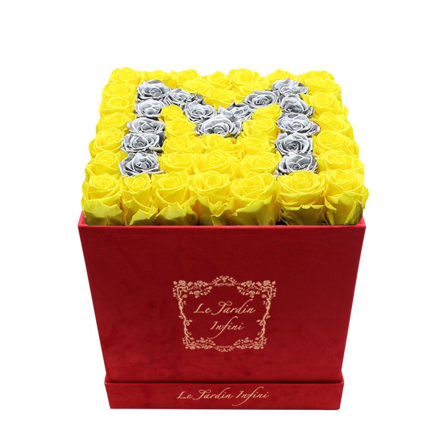Letter M Silver & Yellow Preserved Roses - Large Square Luxury Red Suede Box