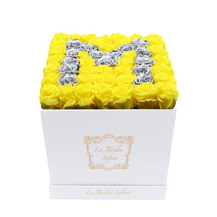 Letter M Silver & Yellow Preserved Roses - Large Square Luxury White Box