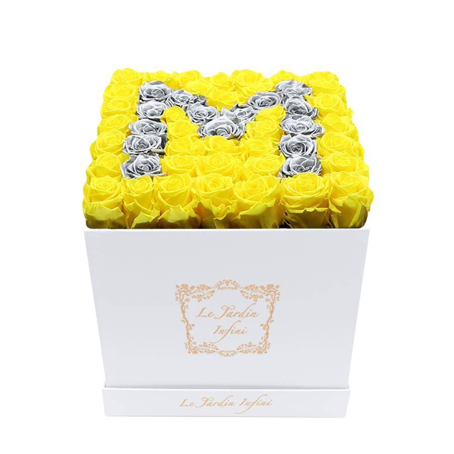 Letter M Silver & Yellow Preserved Roses - Large Square Luxury White Box