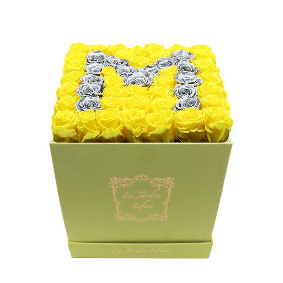 Letter M Silver & Yellow Preserved Roses - Large Square Luxury Yellow Suede Box