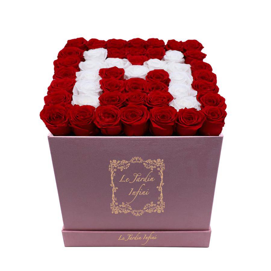 Letter M White & Red Preserved Roses - Large Square Luxury Pink Suede Box