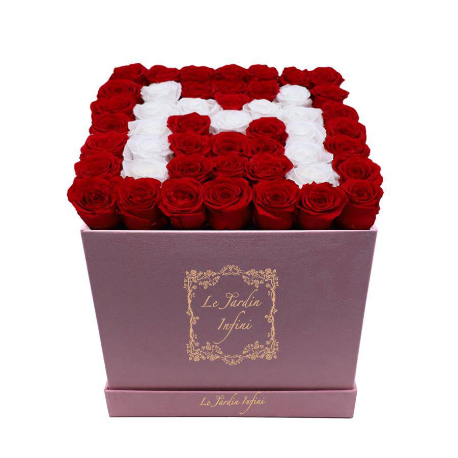 Letter M White & Red Preserved Roses - Large Square Luxury Pink Suede Box - Le Jardin Infini Roses in a Box