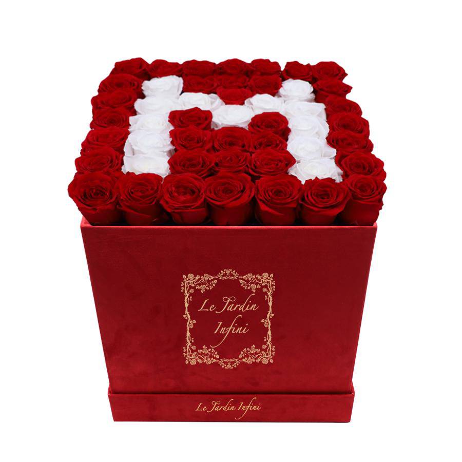 Letter M White & Red Preserved Roses - Large Square Luxury Red Suede Box - Le Jardin Infini Roses in a Box