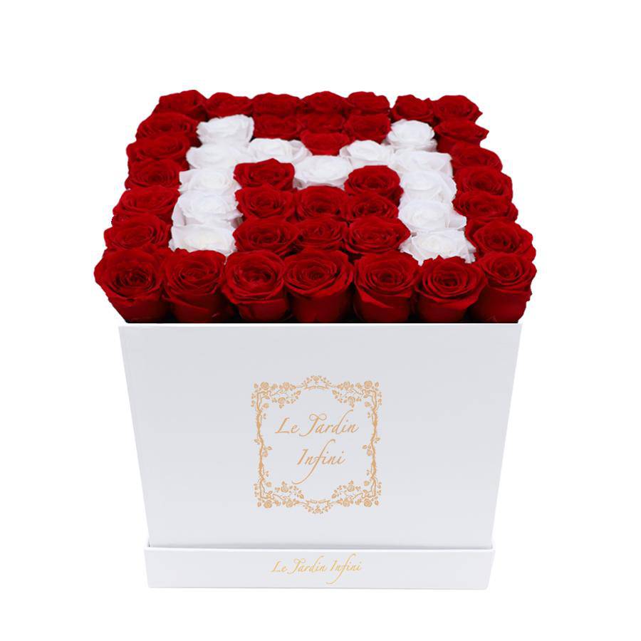 Letter M White & Red Preserved Roses - Large Square Luxury White Box