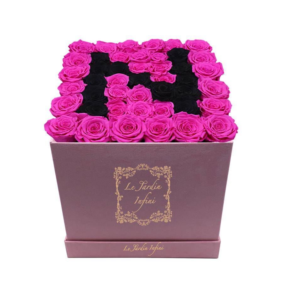 Letter N Black & Hot Pink Preserved Roses - Luxury Large Square Pink Suede Box - Le Jardin Infini Roses in a Box