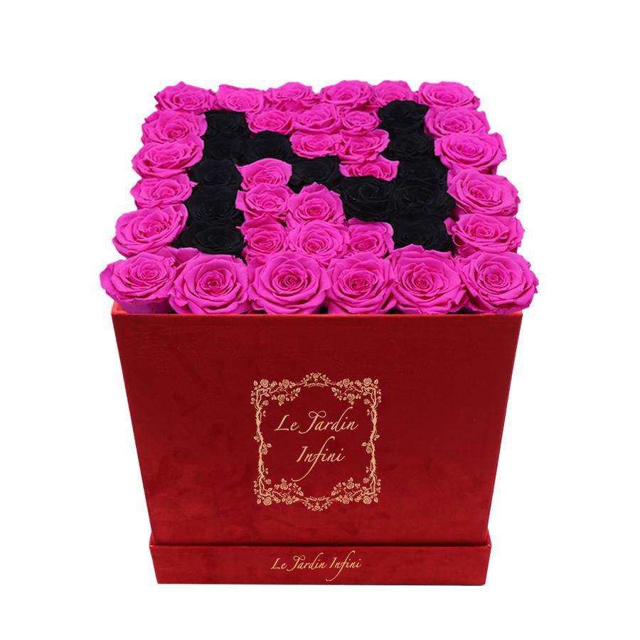 Letter N Black & Hot Pink Preserved Roses - Luxury Large Square Red Suede Box - Le Jardin Infini Roses in a Box