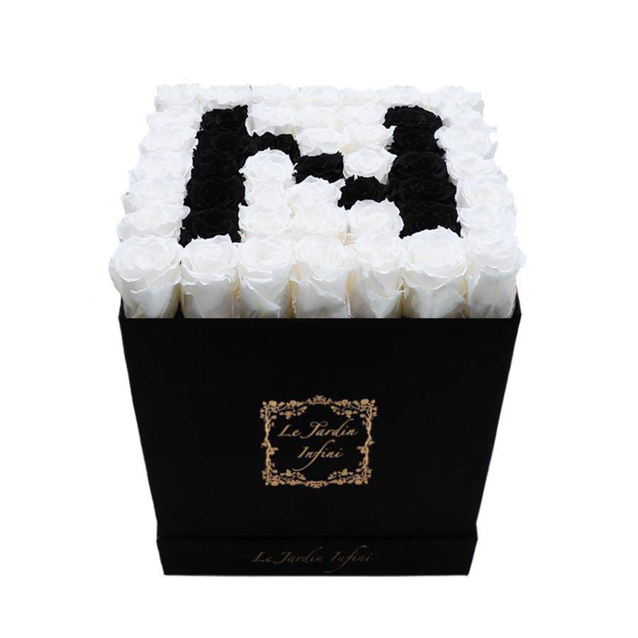 Letter N Black & White Preserved Roses - Large Square Luxury Black Suede Box - Le Jardin Infini Roses in a Box