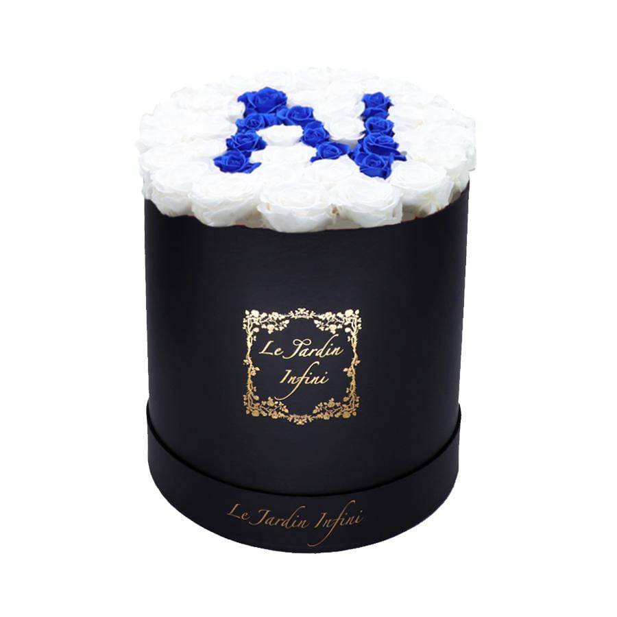 Letter N Royal Blue & White Preserved Roses - Large Round Black Box - Le Jardin Infini Roses in a Box