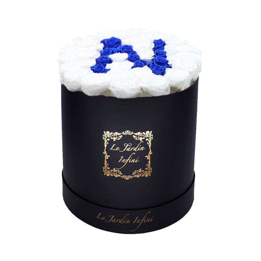 Letter N Royal Blue & White Preserved Roses - Large Round Black Box