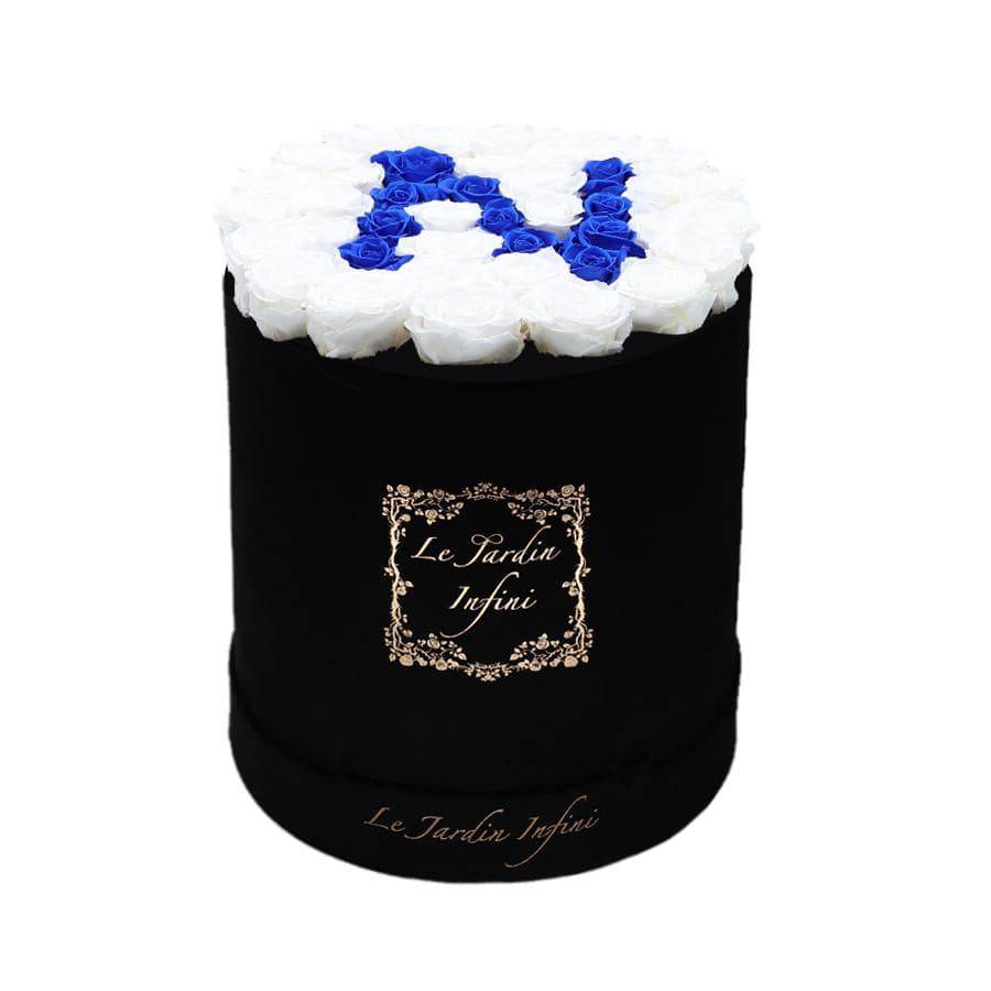 Letter N Royal Blue & White Preserved Roses - Large Round Black Suede Box - Le Jardin Infini Roses in a Box