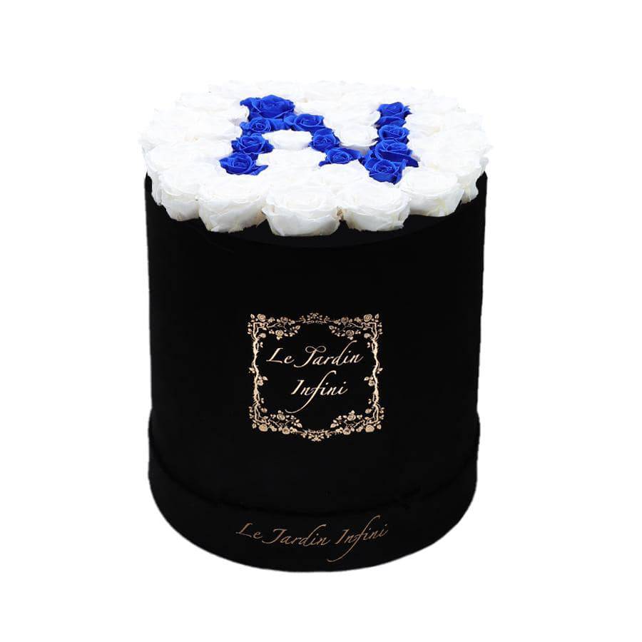Letter N Royal Blue & White Preserved Roses - Large Round Black Suede Box