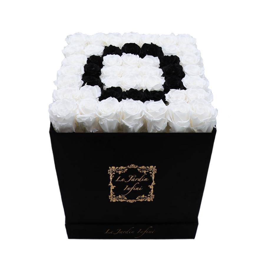 Letter O Black & White Preserved Roses - Large Square Luxury Black Suede Box